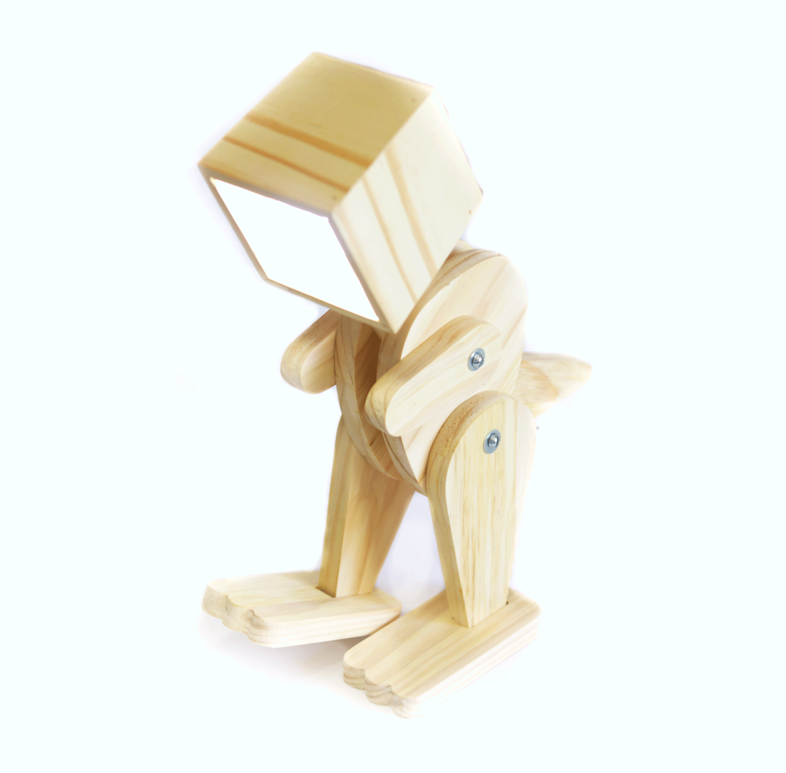 Luminária de mesa infantil de madeira pinus em formato de dinossauro rex, com braços e pernas articulados