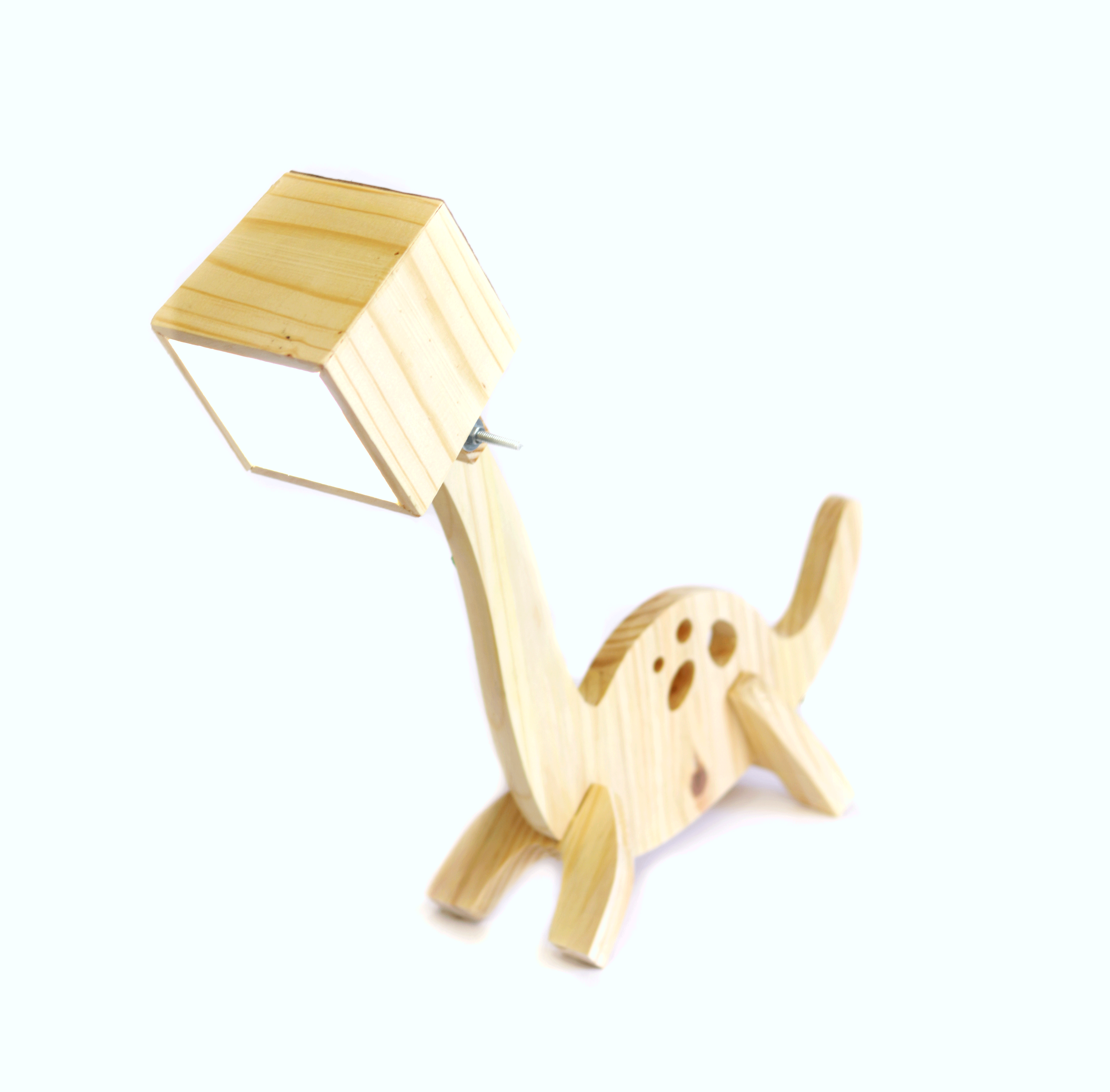Luminária de mesa infantil de madeira pinus em formato de dinossauro com cúpula articulada