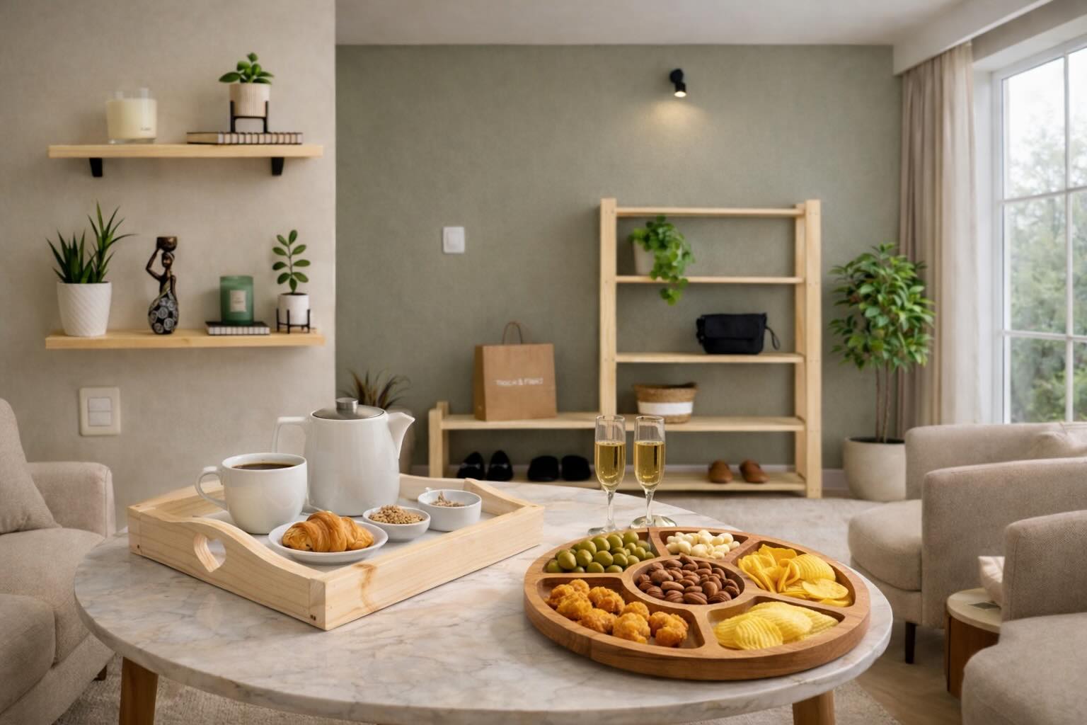 Sala com bandeja, petisqueira e estante de madeira organizadas em um ambiente integrado